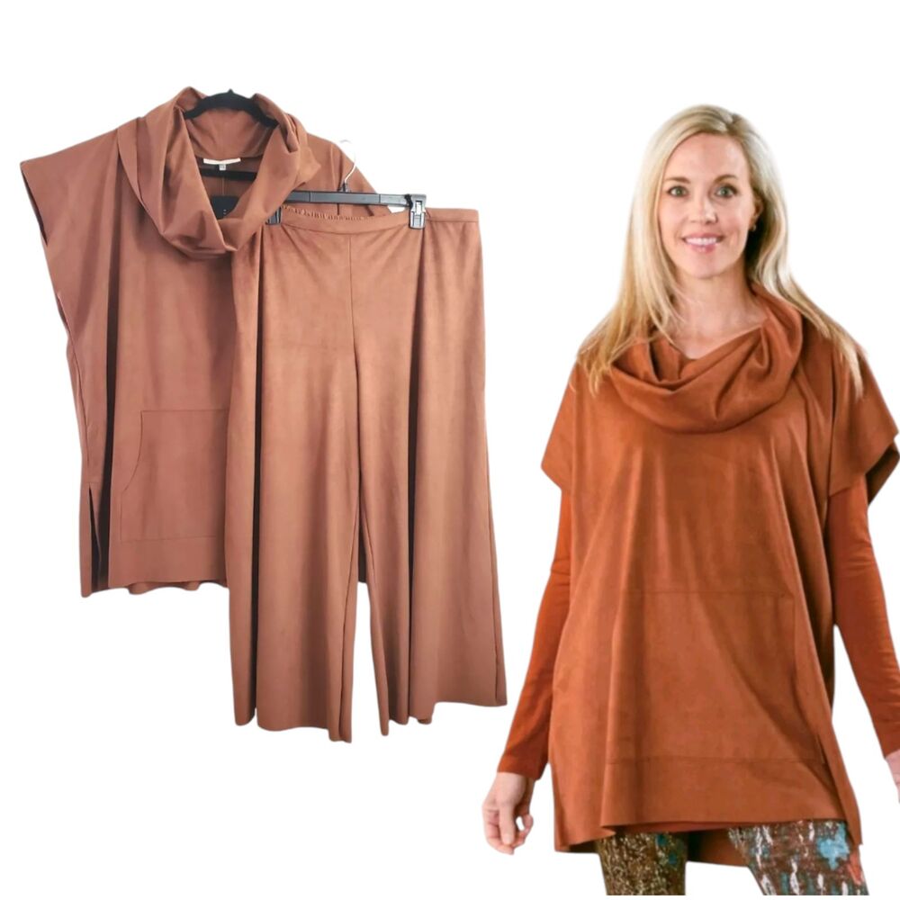Bryn Walker XXL Set Sequoia Faux Suede Ella Pants Poncho Rust Lagenlook